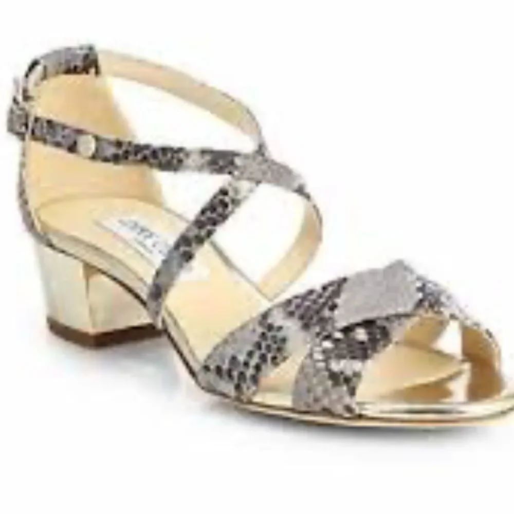 JIMMY CHOO MERIT ICONIC KHAKI SNAKE GOLD LOGO HEEL SANDALS EU 38